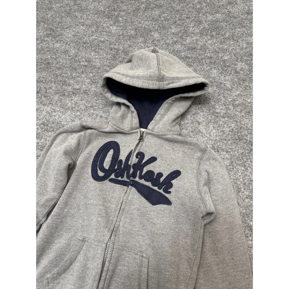 OshKosh Bgosh Boys Size 8 Gray Full Zip Hoodie Navy Blue Logo‎ Fleece Sweatshirt